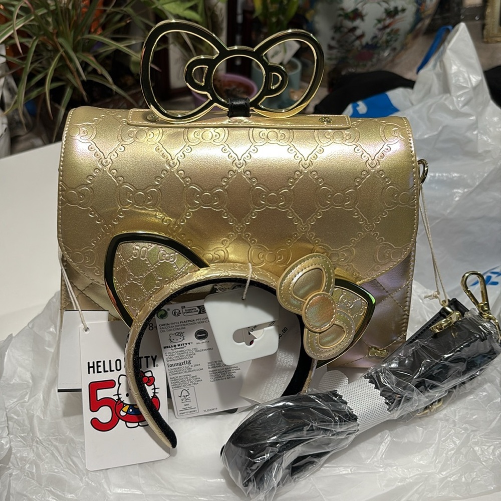 Hello kitty 50th gold anniversary Loungefly with matching LF ears set. New.